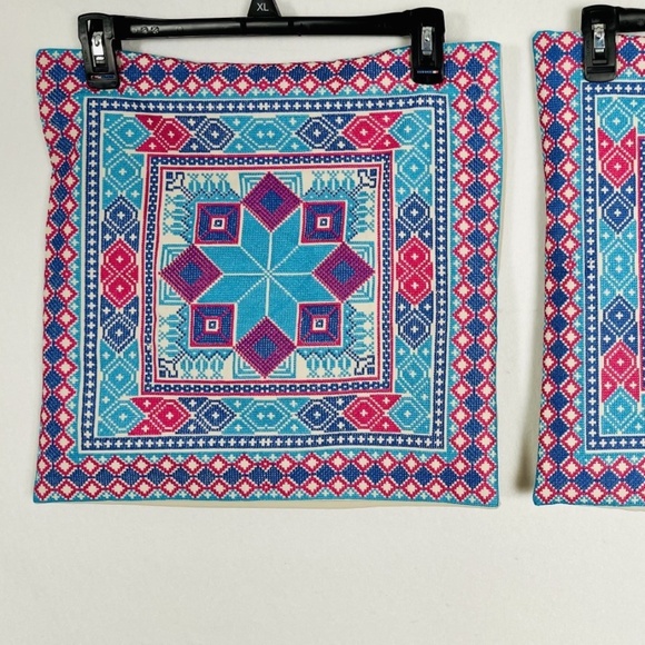 Set of 2 Embroidered Throw Pillow Covers 15" Geometric Pattern Colorful - Picture 1 of 6